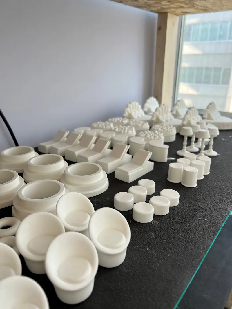 3D-printed parts fresh off the printers
